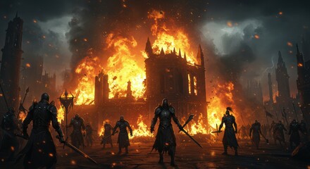 Fototapeta premium A Dramatic Depiction of a Fiery Battlefield with Warriors Clashing Amidst the Flames
