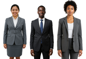 Studio portrait of three young adult diverse business professionals, including an Asian woman, Black man, and Black woman, wearing formal suits and standing against a transparent background.