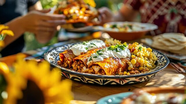 Delicious chicken enchiladas with corn and sour cream, perfect for a sunny outdoor meal.