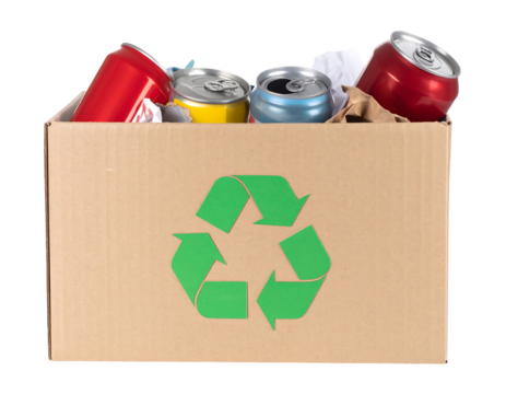 Recycled Aluminum Cans and Paper in Cardboard Box