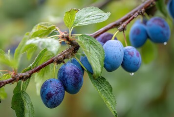 Fresh plums on tree branch with droplets of water and green leaves highlighting a bountiful summer harvest in a natural garden setting perfect for food photography