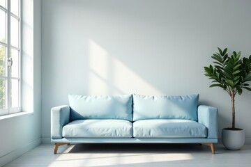 Serene Living Room with Light Blue Sofa and Potted Plant in Sunlight