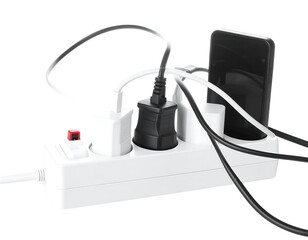 Tangled Charging Cables on White Power Strip