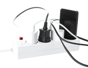 Tangled Charging Cables on White Power Strip