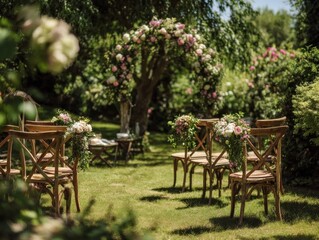 Obraz premium Wooden chairs decorated with flowers in a garden wedding ceremony outdoor setting