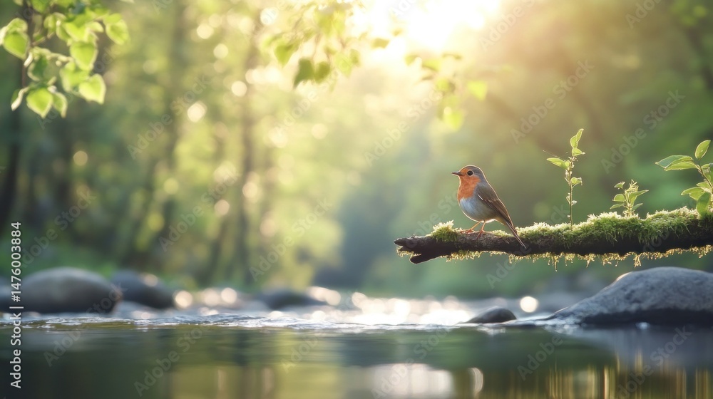 Poster robin perched on a branch over a tranquil stream. sunlight filters through the trees