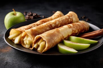A plate holds three golden crepes stuffed with apples garnished with green apple slices and a cinnamon stick against a dark textured backdrop