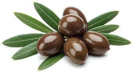 Black Olive with Leaves on White Background