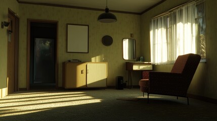 Interior room scene with muted lighting and vintage furniture.