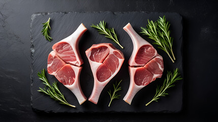 Raw meat mutton lamb rack with fresh herbs on a stone black background Top view :