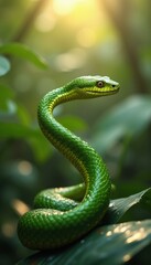 Obraz premium Emerald Serpent: A Vivid Green Snake Amidst Lush Foliage in a Sun-Kissed Jungle Setting
