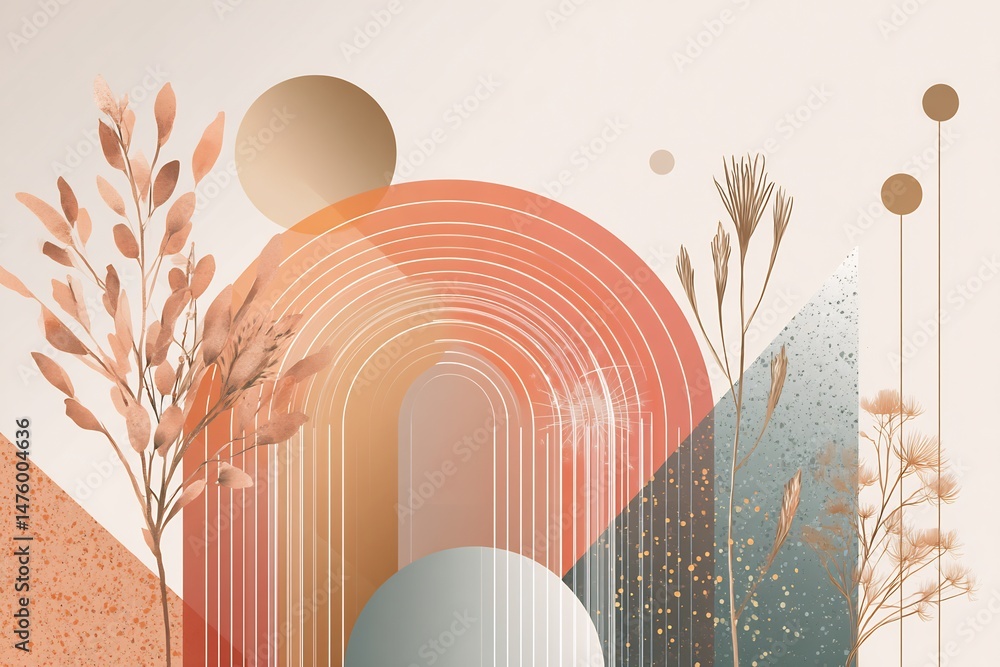 Poster earthy minimalist composition with botanical and geometric elements in soft palette