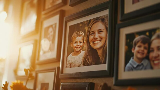 Family photos adorn a wall, creating a warm, nostalgic atmosphere.