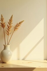 Dried floral arrangement in a simple vase on a light wood surface, bathed in soft sunlight casting gentle shadows on a pale wall