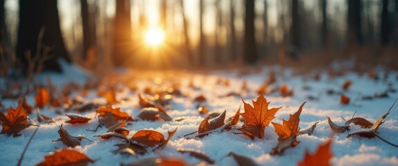 Golden sunlight filters through a forest, illuminating fallen leaves resting on a layer of fresh snow