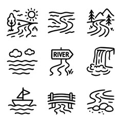 A set of doodle line icons illustrating rivers, streams, waterfalls, boats, bridges, and natural water landscapes in a hand-drawn style