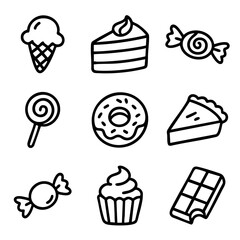 A set of doodle line icons featuring desserts and sweets like ice cream, cake, candy, donut, pie, cupcake, and chocolate bar