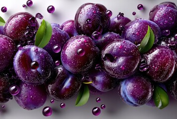 Fresh Plums with Water Droplets Surrounded by Glossy Bubbles and Green Leaves on a Soft Gradient Background for Healthy Lifestyle Concepts