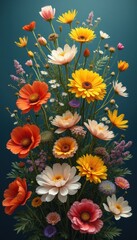 Obraz premium A vibrant tapestry of blooms unfurls in a captivating wildflower arrangement against a dark teal backdrop