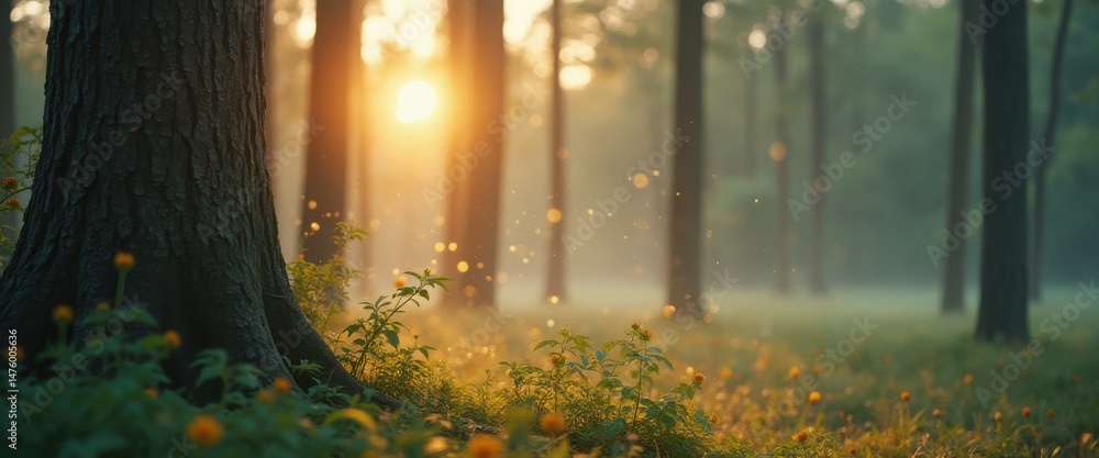 Aufkleber sunlit forest floor with wildflowers and sparkling light creating an ethereal ambiance in a woodland