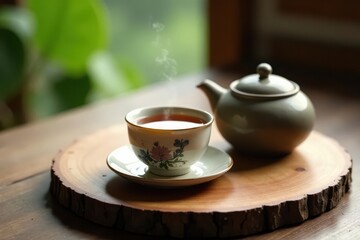 Fototapeta premium Aromatic Tea Ceremony Steam Rising from a Delicate Floral Teacup on a Rustic Wooden Tray with a Grey Teapot