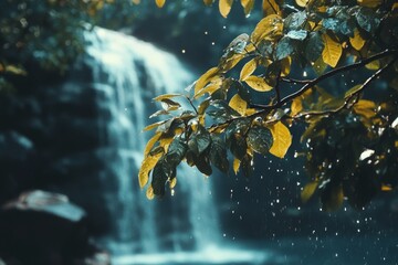 Waterfall, leaves, and droplets