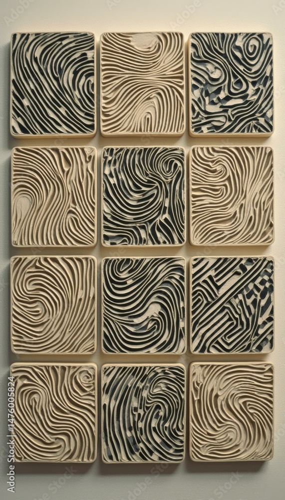 Poster Abstract Rectangular Tile Artwork with Linear Patterns in Neutral Tones and Contrast