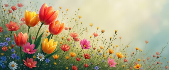 Naklejka premium A Vibrant Illustration of a Lush Meadow Filled with Colorful Tulips and Daisies under a Soft, Dreamy Sky, Evoking Spring and Joy.