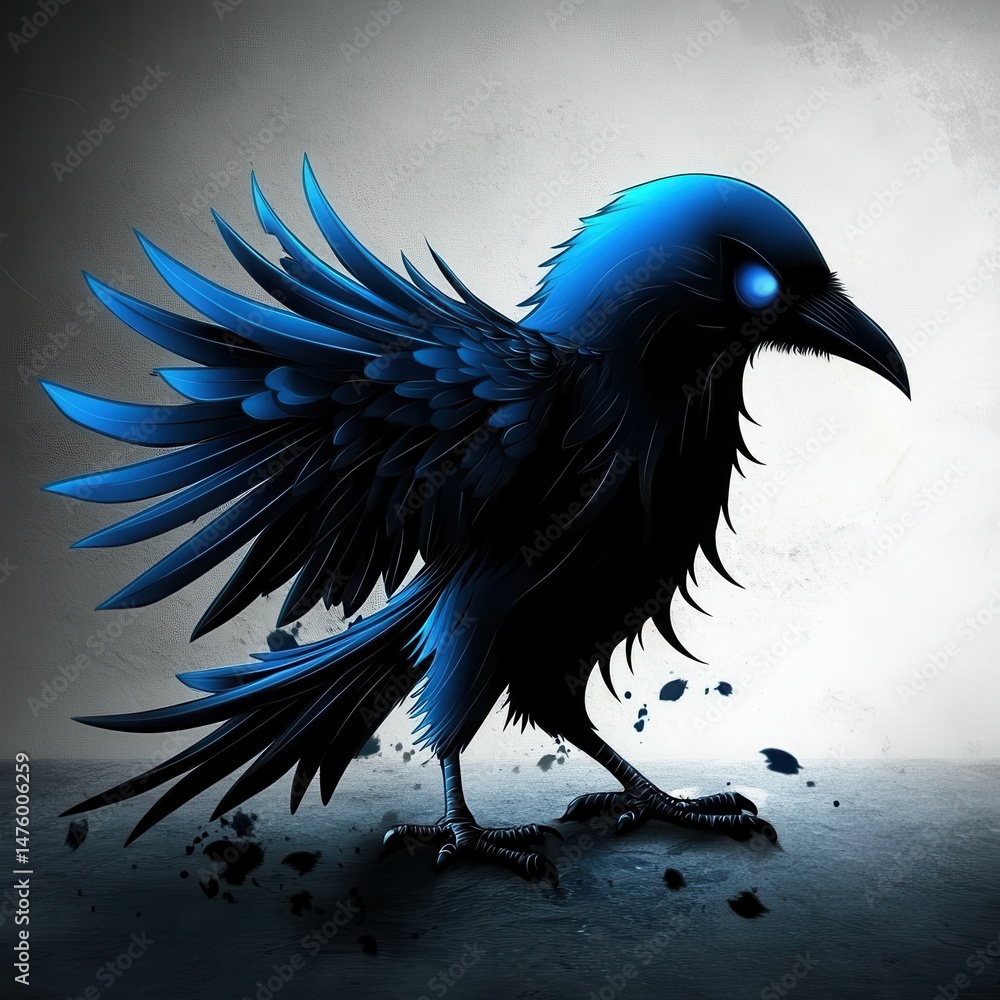 Poster dark raven with blue accents standing on a gray surface, featuring intricate feather detail and inte