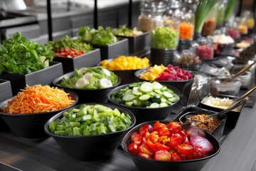 A selection of vibrant salads and toppings is elegantly displayed in a buffet at a modern restaurant