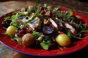 A salad featuring smoked mackerel beets and small potatoes