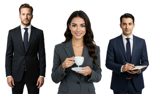 Three professional adults, two men and one woman, in business suits, standing against a transparent background, one holding coffee, another a notebook.