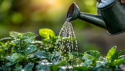 Watering plants in sunny garden
