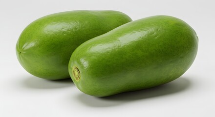 Two green papayas side-by-side on a white surface, emphasizing natural curves and freshness.