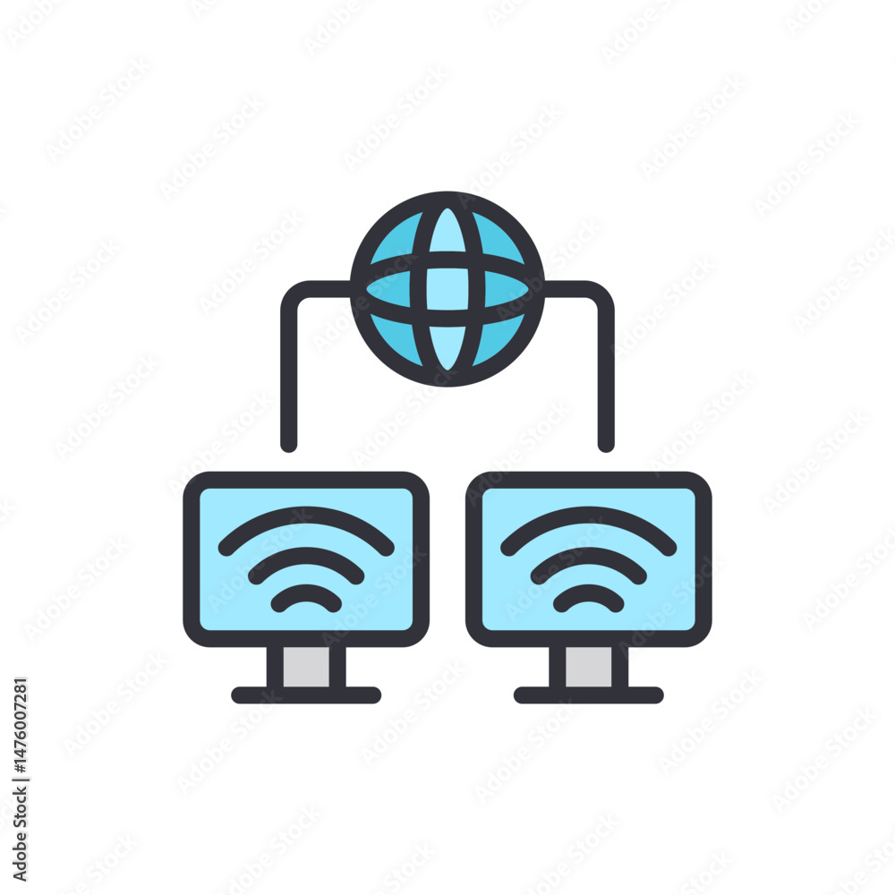 Poster global network connection with computer displays digital illustration