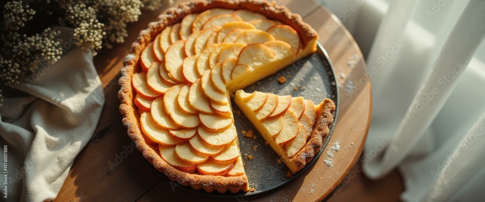 Poster delicious apple tart with crust and filling on table with cloth