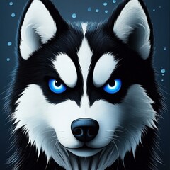 Obraz premium Intense Siberian Husky Portrait with Striking Blue Eyes and Detailed Fur Texture on Dark Background