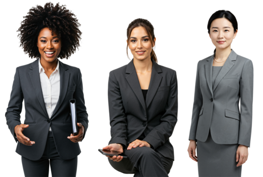 Three diverse young adult professional women in business suits smiling confidently against a transparent background, representing teamwork and success