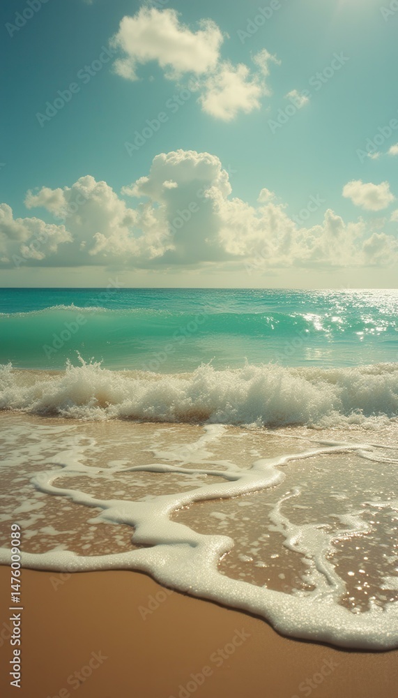 Aufkleber azure waves break on a tan beach under a sunny sky, turquoise water sparkles, foam creates intricate