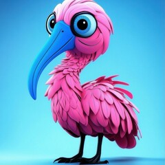 Fototapeta premium Charming Cartoon Roseate Spoonbill with Blue Beak and Feathers, Standing on Blue Background