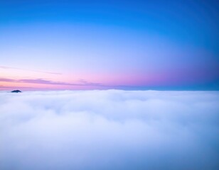 A majestic mountain peak rises above a sea of fluffy clouds, bathed in warm hues of orange and pink as the sun sets on the horizon, creating a serene atmosphere.