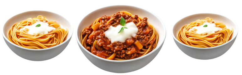 Fototapeta premium Three Bowls of Spaghetti Bolognese with Cream, Isolated on Transparent Background, Italian Food, Pasta Dish, Pasta, Food Photography, Recipe