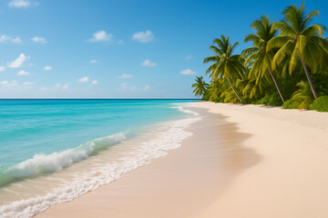 Fototapeta premium Tropical beach with turquoise water, white sand, and palm trees under clear blue sky