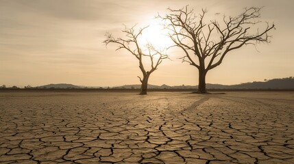 Two barren trees stand sentinel over cracked earth.