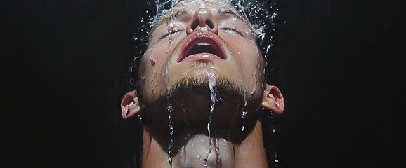 A person's face is getting doused with water. Head tilted back, mouth open, and eyes closed