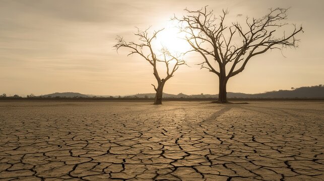 Two barren trees stand sentinel over cracked earth.