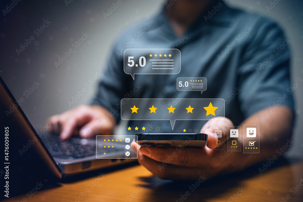 Poster a person using a smartphone and laptop, with digital five-star rating graphics and review icons floa