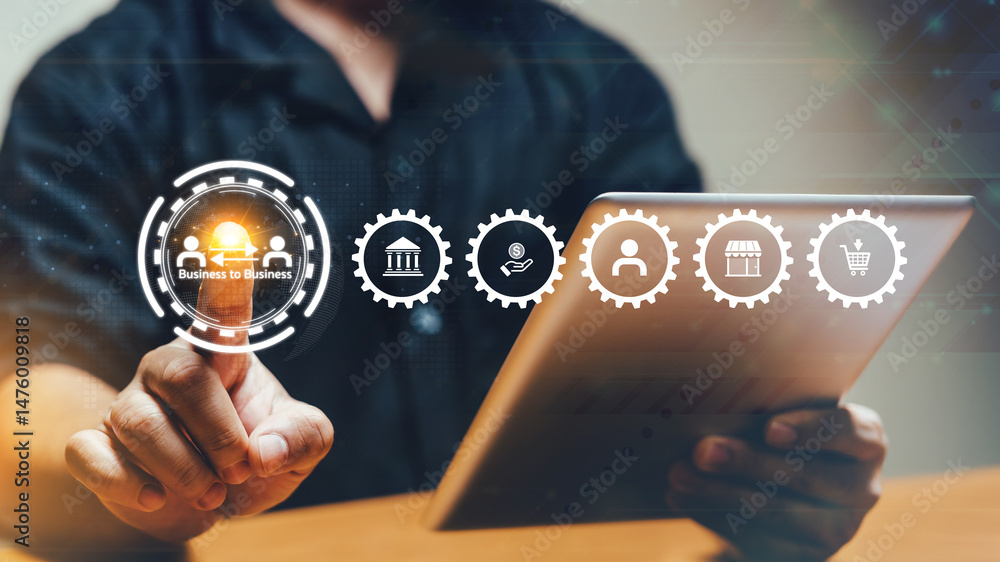 Poster a person uses a tablet, interacting with virtual business icons representing digital processes and n