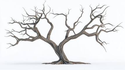 A detailed illustration of a gnarled, leafless tree against a plain background.