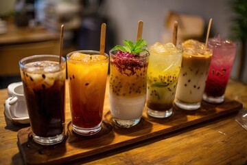 A unique summer drink made with seven ingredients iced black coffee rice milk rose tea lemongrass tea coconut water honey lemon ginger juice and passion fruit